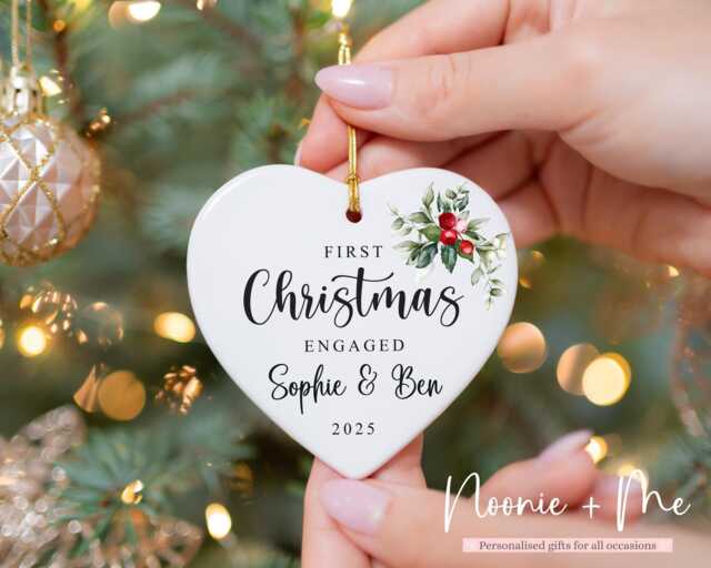 Personalised Ornament - First Christmas Engaged Ceramic Keepsake Tree Decoration Engagement Gift Heart Bauble Style0 - image 1