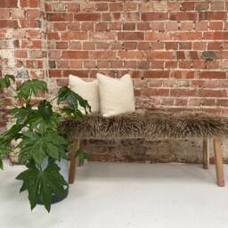 Brown Sheepskin Covered Bench, Genuine Sheepskin, Wooden Bench, Dining Bench , Interior Decor Furry - thumbnail 2