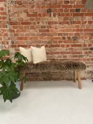 Brown Sheepskin Covered Bench, Genuine Sheepskin, Wooden Bench, Dining Bench , Interior Decor Furry - thumbnail 1