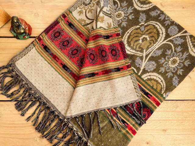 Handwoven Boho Throw Blanket - Earthy Green Bohemian Pattern With Fringe - image 1