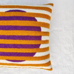 Purple, Mustard & Ivory Embroidered Boho Textured Throw Cushion Cover Decorative Handmade Pillow - thumbnail 3