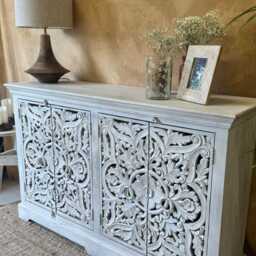 Hand-Carved Mango Wood Sideboard - Whitewashed Finish With Floral Detail - thumbnail 3
