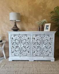 Hand-Carved Mango Wood Sideboard - Whitewashed Finish With Floral Detail - thumbnail 1