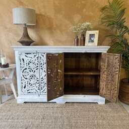 Hand-Carved Mango Wood Sideboard - Whitewashed Finish With Floral Detail - thumbnail 2
