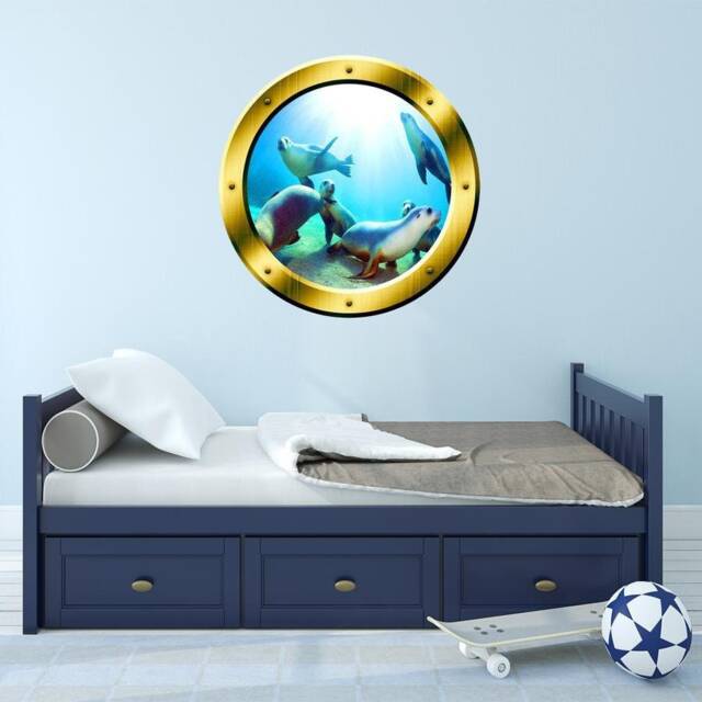 Underwater Scene Porthole Vinyl Wall Decal Seals Family Art Ocean View 3D Window Gold Portal Gp1 - image 1