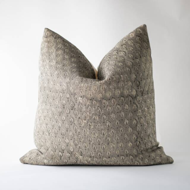 Hand Block Print Linen Pillow Cover Gray Leaf Cushion - Tatum - image 1