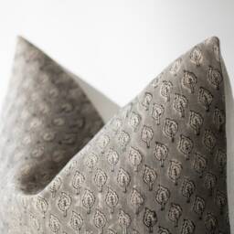 Hand Block Print Linen Pillow Cover Gray Leaf Cushion - Tatum - thumbnail 2