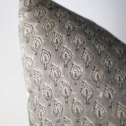 Hand Block Print Linen Pillow Cover Gray Leaf Cushion - Tatum - thumbnail 3