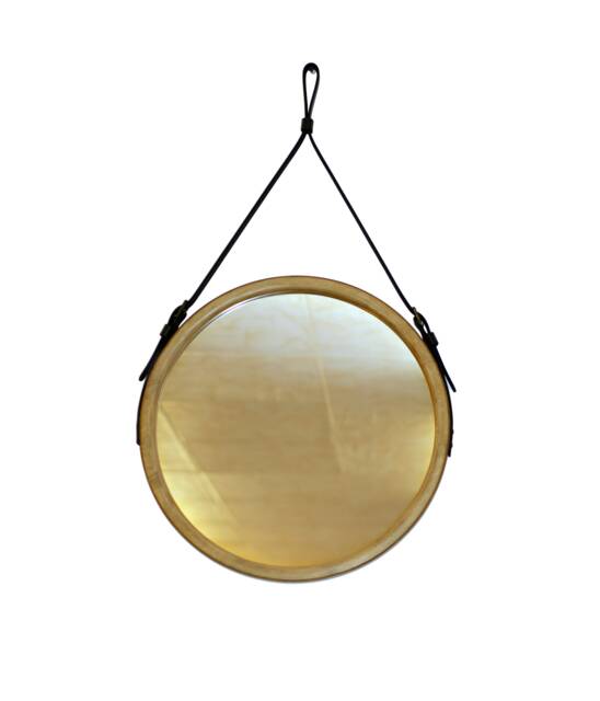 Modern Wall Mirror For Living Room, Round Bathroom From Wooden Frame, Decorative With Leather Strap, Hanging - image 1