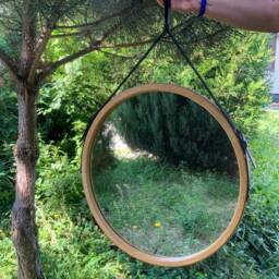 Modern Wall Mirror For Living Room, Round Bathroom From Wooden Frame, Decorative With Leather Strap, Hanging - thumbnail 3