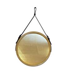Modern Wall Mirror For Living Room, Round Bathroom From Wooden Frame, Decorative With Leather Strap, Hanging