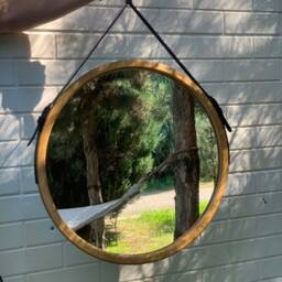 Modern Wall Mirror For Living Room, Round Bathroom From Wooden Frame, Decorative With Leather Strap, Hanging - thumbnail 2