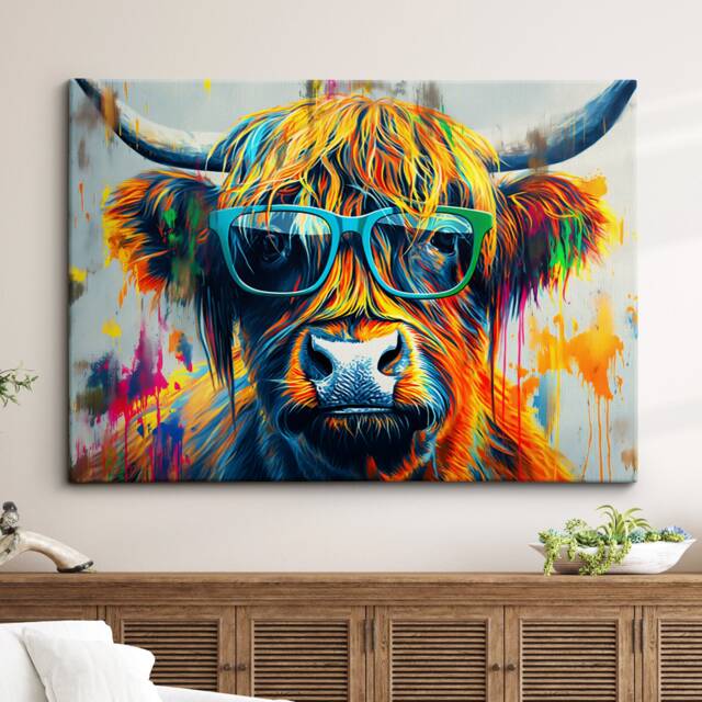 Highland Cow Glasses Animal Abstract Oil Painting Colourful Paint Style Wall Art Framed Canvas Poster Print Home Living Room Decor Gifts - image 1