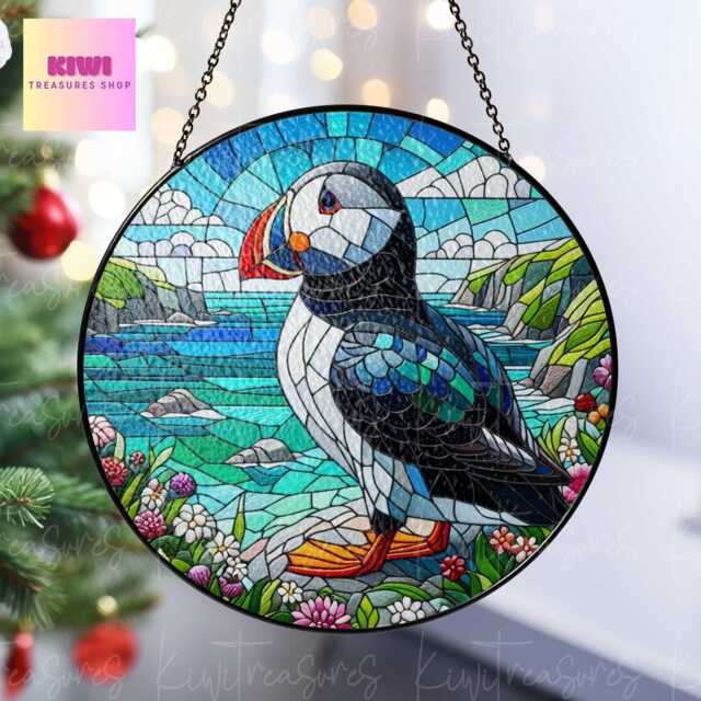 Puffin Suncatcher Ireland Cliff Landscape Glass Window Hanging - image 1