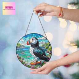 Puffin Suncatcher Ireland Cliff Landscape Glass Window Hanging - thumbnail 3