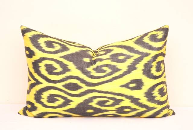 Yellow & Black Ikat Lumbar Pillow, Handloom Cotton Cushion - image 1