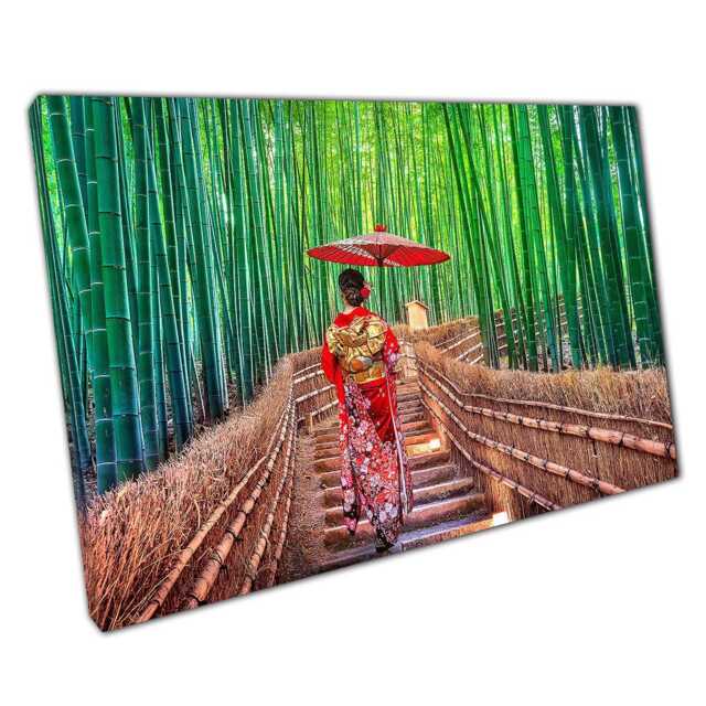 Elegant Japanese Woman in Red Kimono Walking Through Bamboo Forest Canvas Wall Art For Home Decor - image 1
