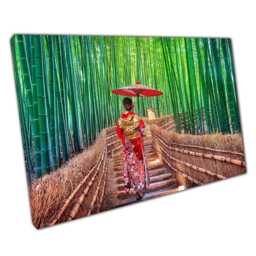 Elegant Japanese Woman in Red Kimono Walking Through Bamboo Forest Canvas Wall Art For Home Decor - thumbnail 1