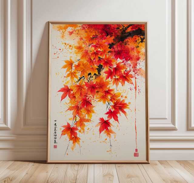 Japanese Maple Poster, Autumn Leaves Wall Art, Red Orange Foliage Print, Asian Nature Painting, Zen Botanical Artwork, Fall Season Decor - image 1