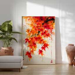 Japanese Maple Poster, Autumn Leaves Wall Art, Red Orange Foliage Print, Asian Nature Painting, Zen Botanical Artwork, Fall Season Decor - thumbnail 3