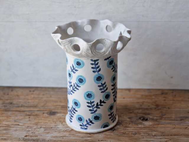 Large Floral Ceramic Vase Handmade, Handbuilt Blue & White For Flowers, Mother's Day Gift - image 1