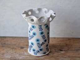 Large Floral Ceramic Vase Handmade, Handbuilt Blue & White For Flowers, Mother's Day Gift - thumbnail 1