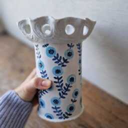 Large Floral Ceramic Vase Handmade, Handbuilt Blue & White For Flowers, Mother's Day Gift - thumbnail 2