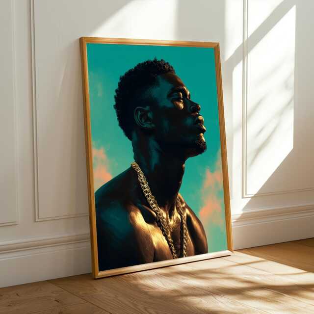 Afrocentric Man Portrait Print Gold Chain, Boho Wall Art - Unframed - Poster Only - image 1