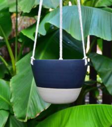 Handmade Ceramic Hanging Planter - Matte Black Glaze, Succulent Pot With Drainage