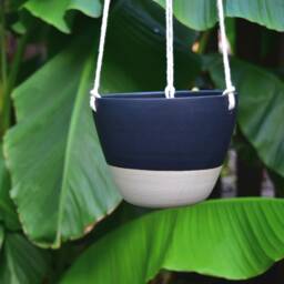 Handmade Ceramic Hanging Planter - Matte Black Glaze, Succulent Pot With Drainage - thumbnail 2