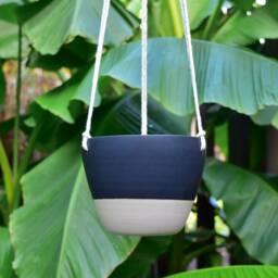 Handmade Ceramic Hanging Planter - Matte Black Glaze, Succulent Pot With Drainage - thumbnail 3