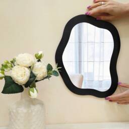 Mirror Wall Decor Wavy Shape Yellow, Decorative Asymmetrical Mirror, Modern Mirror For Entryway, Hanging Wood Cool Pond - thumbnail 3