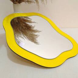 Mirror Wall Decor Wavy Shape Yellow, Decorative Asymmetrical Mirror, Modern Mirror For Entryway, Hanging Wood Cool Pond - thumbnail 2