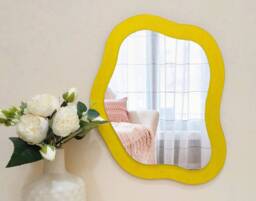 Mirror Wall Decor Wavy Shape Yellow, Decorative Asymmetrical Mirror, Modern Mirror For Entryway, Hanging Wood Cool Pond - thumbnail 1