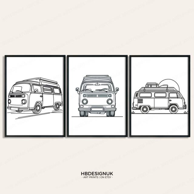 Minimal Campervan Wall Art - Set Of 3 Prints - Outdoor Posters Camper Van Monoline Camp Home Decor Gift Camping Nature Gifts - image 1