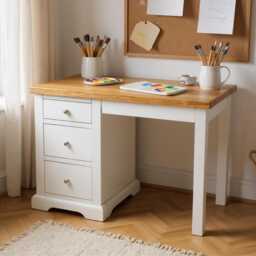 Grofurniture Snow White & Oak 3-Drawer Dressing Table Solid Wood Vanity Desk - thumbnail 4