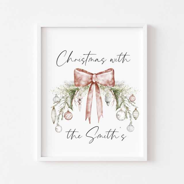 Personalised Christmas Family Name Print Bauble Wreath Seasonal Wall Art - Unframed - image 1