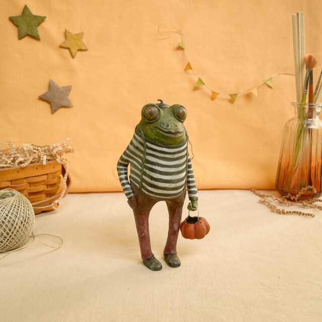 Papier-M??ch?? Frog Figurine With Pumpkin Unique Collectible Statue - image 1