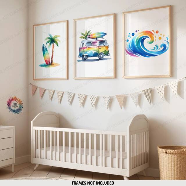 Colourful Surfing Print Set - 3 Posters - Surfer Wall Art Kids Surf Nursery Decor Ocean Artwork Illustration Surfboard Boys Bedroom - image 1