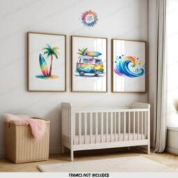 Colourful Surfing Print Set - 3 Posters - Surfer Wall Art Kids Surf Nursery Decor Ocean Artwork Illustration Surfboard Boys Bedroom - thumbnail 2