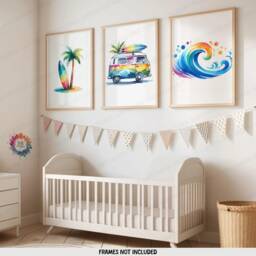 Colourful Surfing Print Set - 3 Posters - Surfer Wall Art Kids Surf Nursery Decor Ocean Artwork Illustration Surfboard Boys Bedroom - thumbnail 1