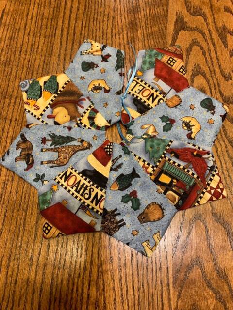 Christmas Tree Skirt, 11 Inch Diameter, Table Top, Tiny, Noah's Ark, Debbie Mumm, Small, Quilted, Blue, Animals - image 1
