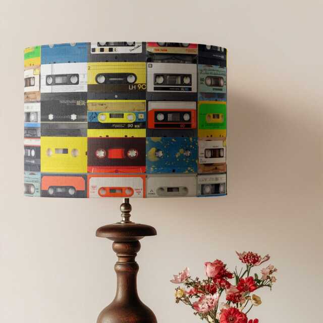 Cassette Print Lampshade Drum Lamp Shade 25cm 30cm 35cm 40cm 45cm Handmade Velvet Home Decor Music Retro 80S Eighties Tapes Kitsch Republic - image 1