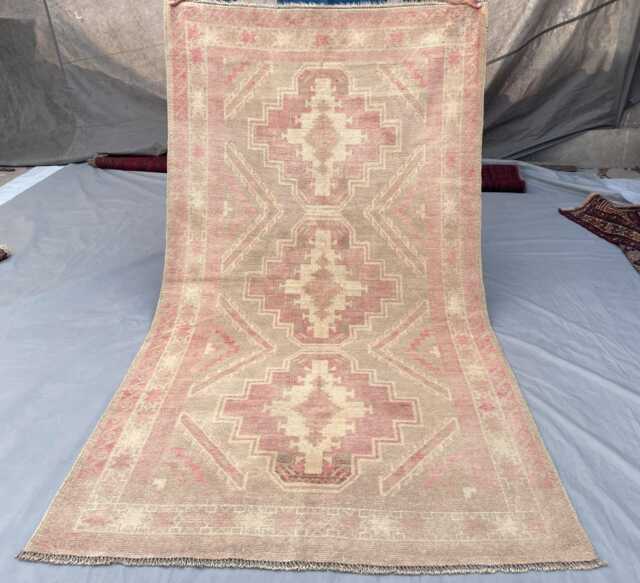 3.6x6.9 Ft, Muted Pink Oushak Rug 4x7, Pastel Area Rug, Distressed Wool Geometric Anatolian For Living Room Bedroom Nursery Rare - image 1