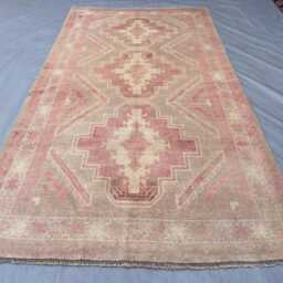 3.6x6.9 Ft, Muted Pink Oushak Rug 4x7, Pastel Area Rug, Distressed Wool Geometric Anatolian For Living Room Bedroom Nursery Rare - thumbnail 2