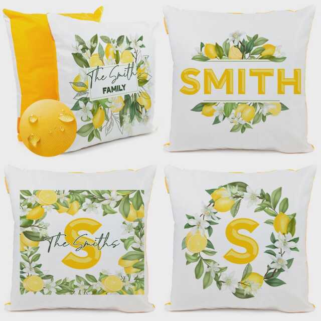 Personalised 4 X Outdoor Cushion Covers Waterproof Set Of Four Custom Floral Theme Garden Pillows Lemon Patio Throws Summer Vibe Family Name - image 1