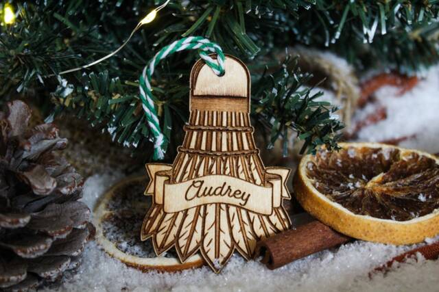 Personalised Badminton Christmas Shuttlecock Ornament Wood Custom Bauble Laser Engraved Rustic Wooden Name Personalise Tree Decoration Irish - image 1