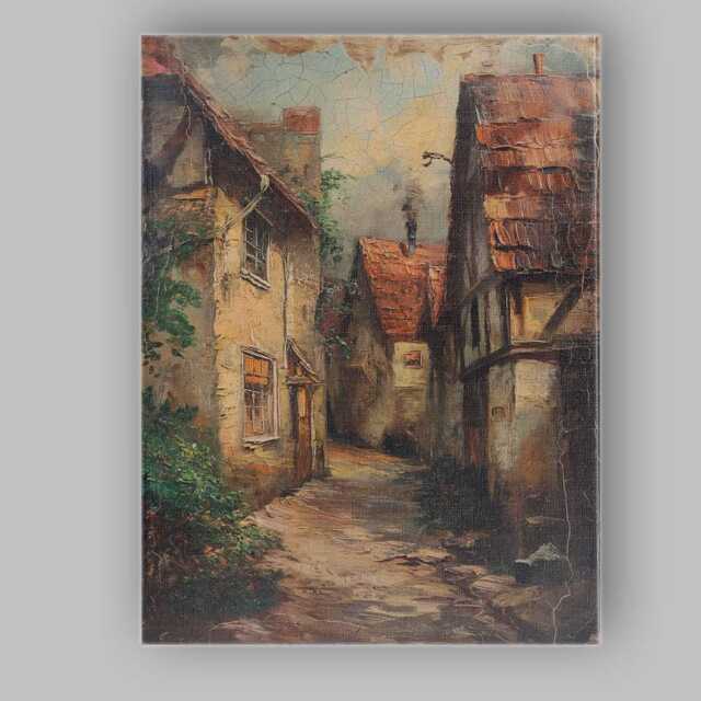 Old European Cobbled Village Alley Rustic Architecture Canvas Wall Art Print Decor Picture Ready To Hang - image 1