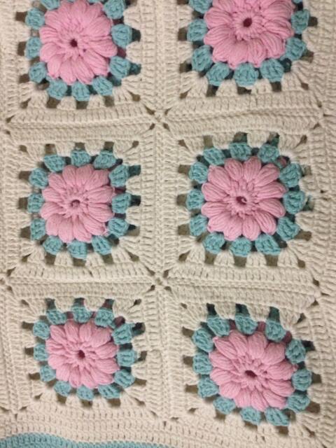Crochet Afghan Blanket, Pink, Green, & White, Baby Blanket - image 1