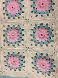 Crochet Afghan Blanket, Pink, Green, & White, Baby Blanket - thumbnail 1